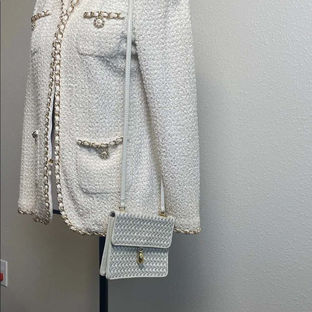 Genuine Leather Beige Silver Cream Woven Crossbody Bag with Gold Accent